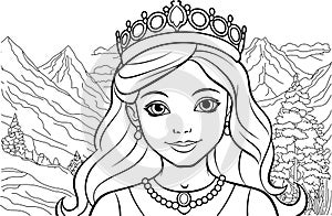 Young princess portrait coloring page. Outline black ink drawing antistress coloring book mountain forest isolated on