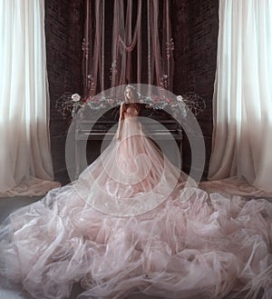 The young princess stands in the Gothic room on the background of a very old piano. The girl has a crown and a luxurious