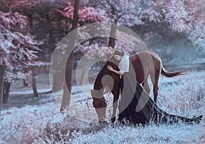 A young princess in a vintage dress with a long train, with tenderness and love, hugs her horse. The brunette girl in a photo