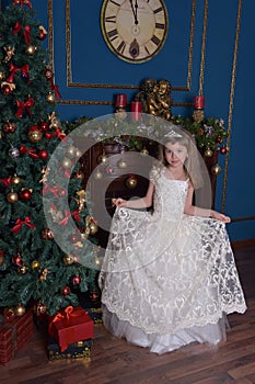 Young princess in a white dress with a tiara on her head at the Christmas tree