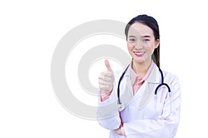 Young professional Asian woman doctor who wears medical uniform is showing hand as thump up while working isolated on white