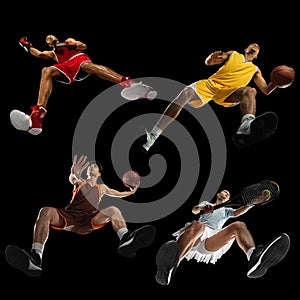 Young professional basketball player in action, motion isolated on black background, look from the bottom. Concept of