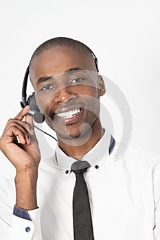 Young professional call center agent male talking