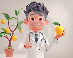 Young professional doctor holds an apple in his hand and shows a thumbs up. The concept of healthy eating and world