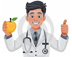 Young professional doctor holds an apple in his hand and shows a thumbs up. The concept of healthy eating and world