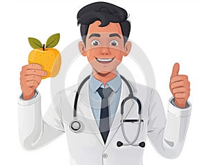 Young professional doctor holds an apple in his hand and shows a thumbs up. The concept of healthy eating and world