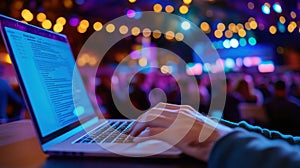 Young professional engaged in a tech conference with a laptop open showing a Jupyter notebook. Data scientist