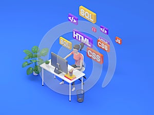 Young professional female programmer is working at a computer. Isometric 3d render, illustration for web page design.