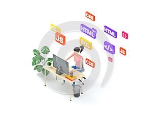 Young professional female programmer is working at a computer. Isometric 3d render, illustration for web page design.