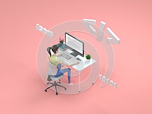 Young professional female programmer is working at a computer. Isometric 3d render, illustration for web page design.