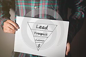 Young professional man holding a sales funnel chart on a white sheet of paper
