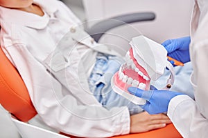 young professional orthodontist holding human dental jaw in hands, explaining