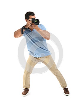 Young professional photographer taking picture