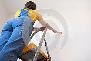 Young Professional repair woman with priming or painting the wall with brush. Independent single female makes repairs