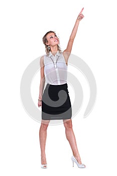 Young professional woman, pointing upwards