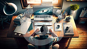 Young programmer concentrated at working project. Developing programming and coding technologies. Screen with codes