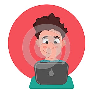 Young programmer man character coding on notebook or having