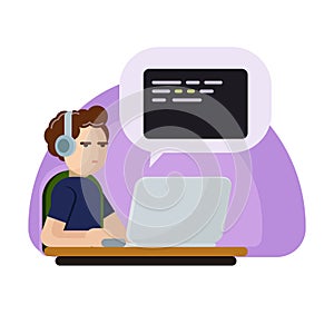 Young programmer man character coding. Vector flat cartoon illustration