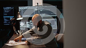 Young programmer typing server code on multiple monitors