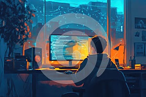 Young coder working from home on multiple screens, programming against a stunning city sunset