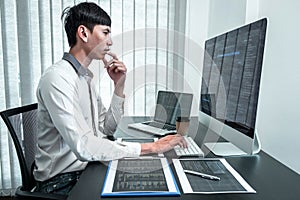 Young Programmer working in software javascript computer in IT office, Writing codes and data code website and coding database