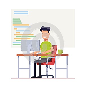 Young programmer writes code for a computer. Smiling man sitting at desk. Workplace specialist. Vector, illustration