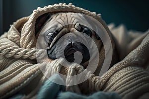 A young Pug dog under a blanket. The pet is basking under the plaid. The concept of caring for pets.