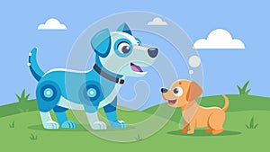 A young puppy barks and plays with its AI pet companion a larger and more advanced version of itself on a grassy field