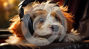 Young puppy listening to music on ear buds. Dog in headphones listening to music. generative ai