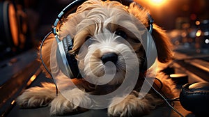 Young puppy listening to music on ear buds. Dog in headphones listening to music. generative ai