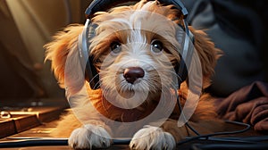 Young puppy listening to music on ear buds. Dog in headphones listening to music. generative ai