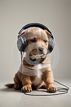 Young puppy listening to music on a head set.