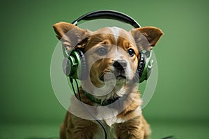 Young puppy listening to music on a head set.