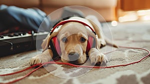 Young puppy listening to music on a head set. AI Generative