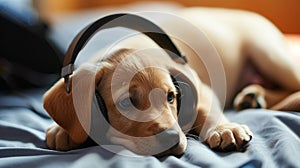 Young puppy listening to music on a head set. AI Generative