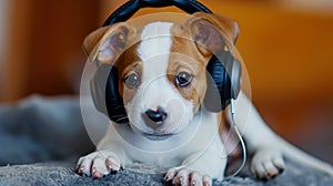 Young puppy listening to music on a head set. AI Generative