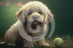 Young puppy with a perplexed expression, sitting on a green lawn with a tennis ball in front of it