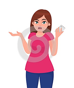 Young puzzled woman gesturing do not know and holding smart phone in hand. Oops, question, doubt, i don`t know.