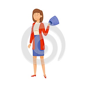 Young Puzzled Woman Standing and Holding Crying Mask in Her Hands Vector Illustration