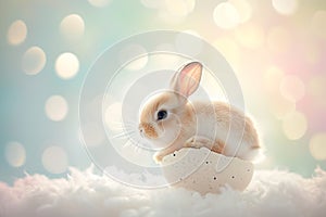 A young rabbit perched gently atop a cracked eggshell against pastel background. Generative AI