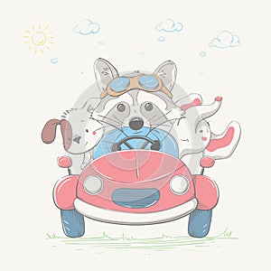 Young racer with the dog and the elephant in the back seat. Summer series of children`s card