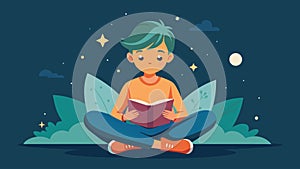 A young reader sitting crosslegged on the floor lost in the world of a wellloved fantasy novel.. Vector illustration. photo