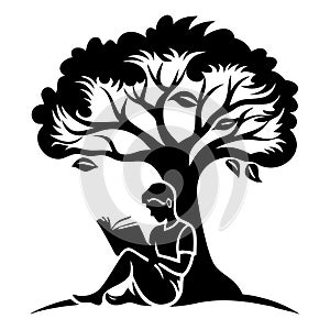 Young Reader Under Tree Reading Book in Peaceful Natural Setting