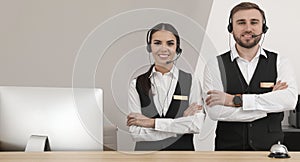 Receptionists in uniform at workplace. Banner design photo