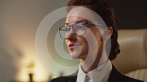 A young recruiter woman listen her applicant interview. Successful business woman in glasses watching salary