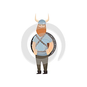 Thin red-bearded viking stands with shield behind shoulders and clenched fists over white background