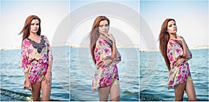 Young red hair girl in multicolored blouse posing on the beach. Sensual attractive woman with long hair, summer shot at sea