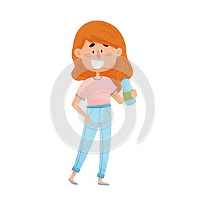 Young Red-haired Girl Character Standing and Drinking Still Water From Bottle Vector Illustration