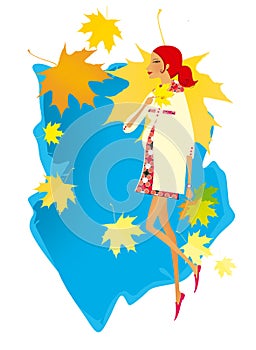 Young red-haired woman is walking on a background of blue sky and falling autumn maple leaves. Autumn.Pregnancy
