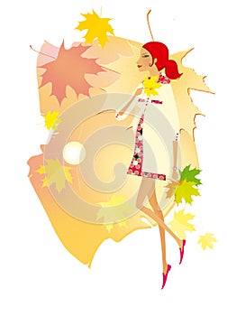 Young red-haired woman is walking on a background of pale-yellow sky and falling autumn maple leaves. Autumn.Pregnancy